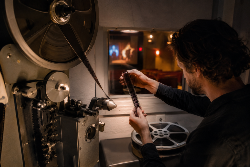 Projectionist handling 35mm film beside a reel-to-reel movie projector inside a theater projection booth.