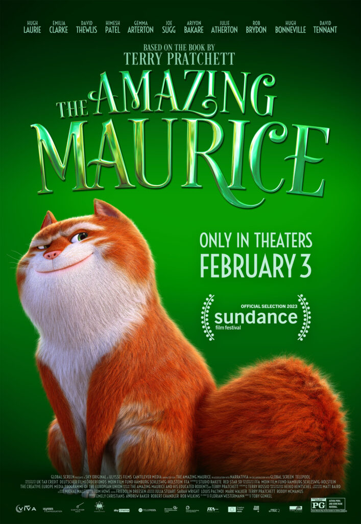 Poster for The Amazing Maurice showing an orange cat against a green background