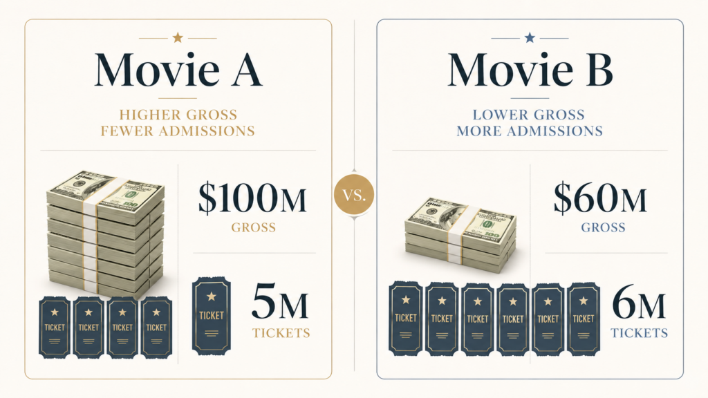 Comparison showing a movie with a $100 million gross and 5 million admissions beside a movie with a $60 million gross and 6 million admissions.