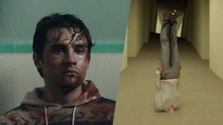 Split-screen promotional image featuring two horror films. On the left, a bruised and bloodied young man in a patterned hoodie stares forward under harsh fluorescent lighting, his face marked by exhaustion and injury. On the right, an unsettling figure stands upside down in a narrow, dimly lit hallway with beige walls, creating a surreal and eerie atmosphere. The composition contrasts grounded psychological horror with the uncanny liminal-space aesthetic associated with internet-born horror.