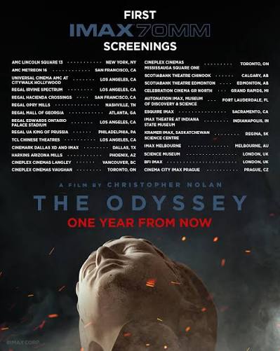 Promotional graphic announcing the first IMAX 70mm screenings of Christopher Nolan’s The Odyssey, with participating theaters listed above a stone statue. The Analog Comeback Is a Theatrical Opportunity
